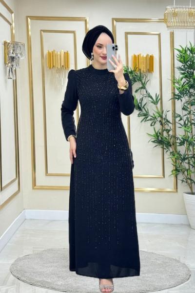 Boydan taşlı abiye elbise  Siyah