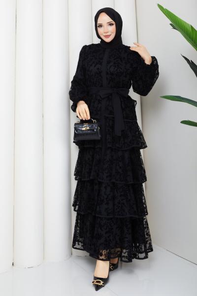 Burçin  kat kat tesettür elbise  Siyah