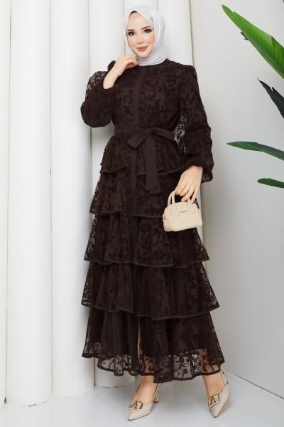 Burçin  kat kat tesettür elbise  Kahverengi