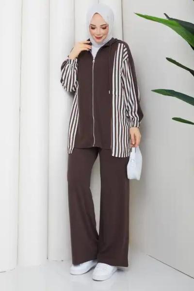 Çizgi şerit tesettür takım  Kahverengi