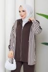 Çizgi şerit tesettür takım  Kahverengi