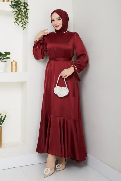 İntizar saten elbise Bordo