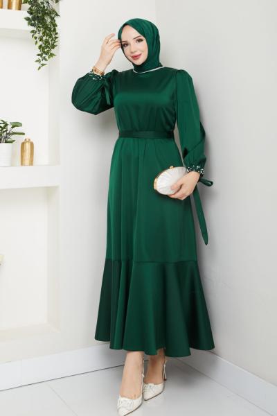 İntizar saten elbise Zümrüt