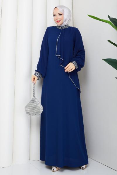 İpek tesettür abiye elbise  Saks Mavisi