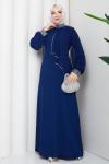 İpek tesettür abiye elbise  Saks Mavisi