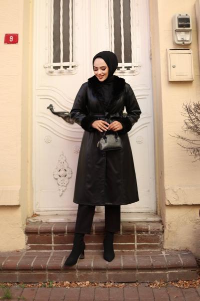 Kürklü deri kaban Siyah