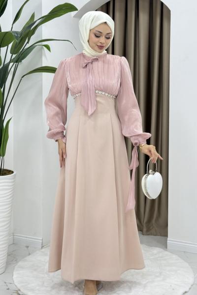 Nevin tesettür abiye elbise Pembe