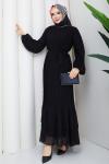 Piliseli  şifon tesettür elbise  Siyah