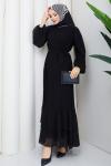 Piliseli  şifon tesettür elbise  Siyah