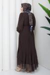 Piliseli şifon tesettür elbise  Kahverengi