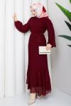 Piliseli şifon tesettür elbise  Bordo