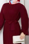 Piliseli şifon tesettür elbise  Bordo
