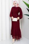 Piliseli şifon tesettür elbise  Bordo