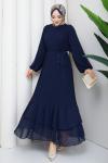 Piliseli şifon tesettür elbise  Lacivert