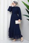 Piliseli şifon tesettür elbise  Lacivert