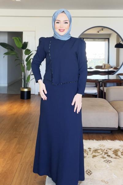 Dilek tesettür abiye elbise  Lacivert
