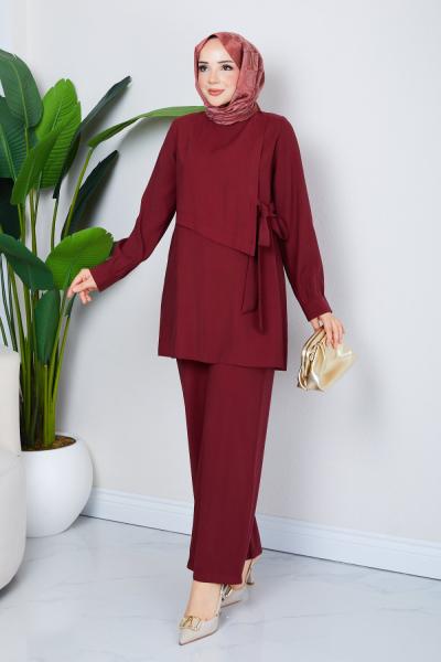 Bahar tesettür pantolonlu takım Bordo